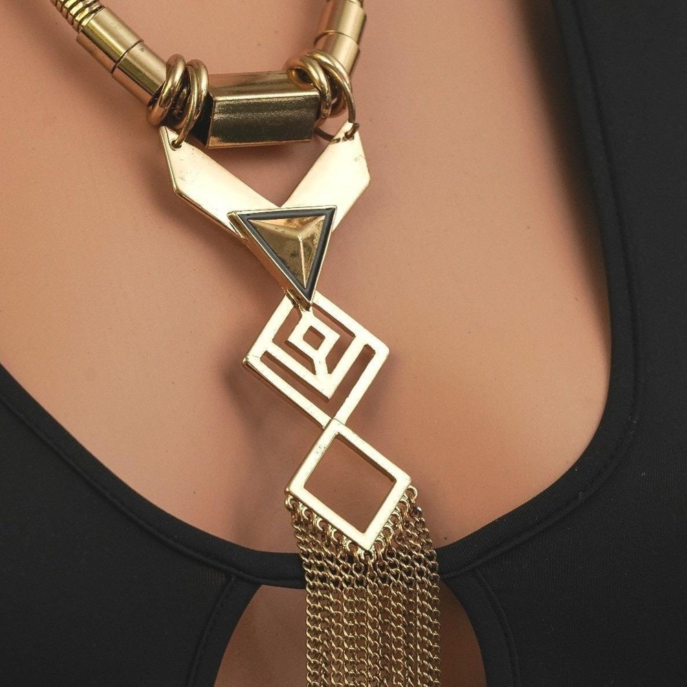Gold Tone Geometric Fringe Statement‎ Necklace Omega Chain Art Deco Style